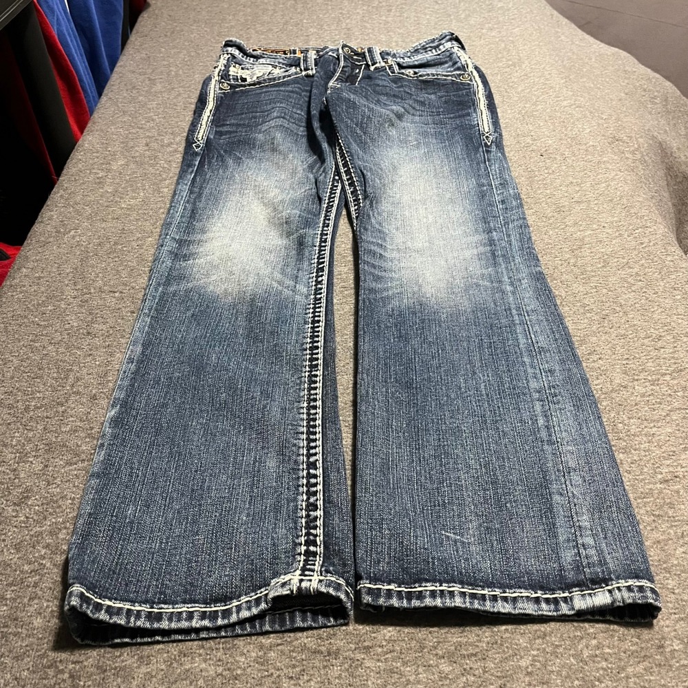 Rock Revival Lowry Straight Leg Jeans Mens 32x32 Blue Medium Wash Thick Stitch